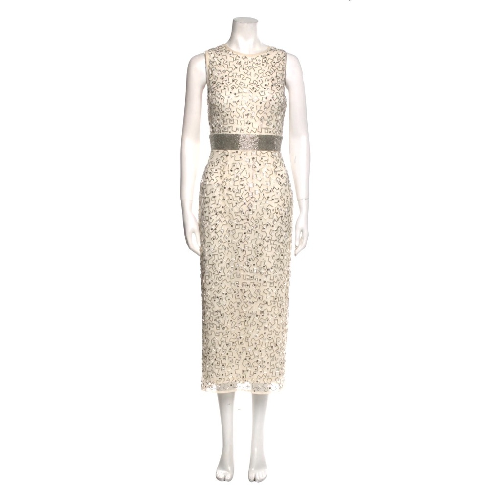 NWT Mac Duggal Geometric Embellished Sleeveless Gown (Nude/Silver)#93578  Size 2